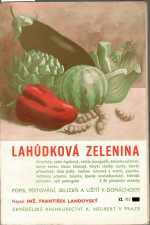 Landovský, František Inž. - Lahůdková zelenina. Artyčoky, celer řapíkový, cvikla (mangold), čekanka salátová, černý kořen, čistec hlíznatý, fenykl sladký, kardy, katrán přímořský, lilek jedlý, meloun cukrový a vodní, paprika, řeřešnice potoční, šalotka, špenát novozélandský, štěrbák zahradní, zelí pekingské. Popis, pěstování, sklizeň a užití v domácnosti.