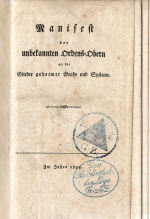 [Hoffmann, Leopold Alois] - Manifest der unbekannten Ordens=Obern an die Glieder geheimer Grade und Systeme.