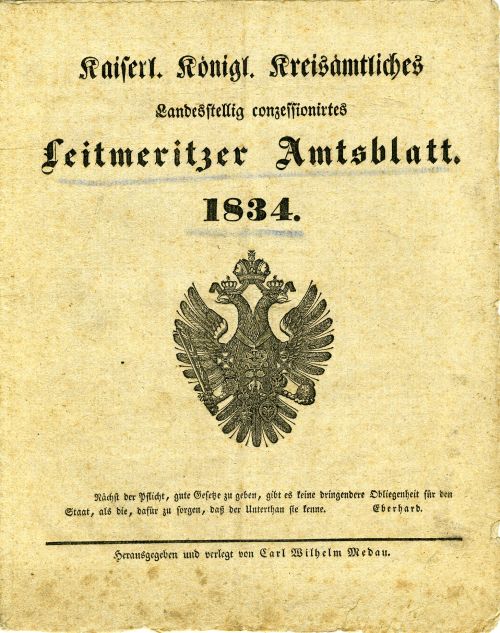 Kaiserl. Königl. Kreisämtliches Landesstellig conzessionirtes Leitmeritzer Amtsblatt. 1834. [N°. 1. Samstag, den 1. März].