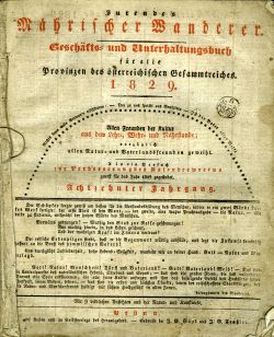 Jurende´s Mährischer Wanderer. Geschäfts- und Unterhaltungsbuch für alle Provinzen des österreichischen Gesammtreiches. 1829. Allen Freunden der Kultur aus dem Lehr-, Wehr- und Nährstände; vorzüglich allen Natur- und Vaterlandsfreunden geweiht. Als ein Versuch zur Verbesserung des Kalenderwesens zuerst für das Jahr 1809 gegründet. Achtzehnter Jahrgang. ...