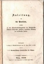Anleitung, wie die Parteien, welchen an der Grundentlastungsfond im Königreiche Böhmen Ansprüche zustehen, denselben Geltung zu verschaffen haben. Herausgegeben in Folge h. Ministerialdekretes vom 23. Jäner 1852  von der k. k. Grundentlastungs=Fondsdirektion für Böhmen. - 
