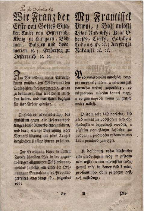 Cirkulář - "Pro warowánj mnohých rozepřj mezy mlynářemi a mlecemi gest patrného vrčenj zapotřeby, to mlynářowé mlecům konati magj, a co gim naproti tomu za gegjch prácy náležj".