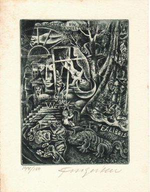 Die Nacht ist ein Rohstoff sie ähnelt sehr der Holzwolle. Ex libris G. M. van Wees.  [Schlafender mit Alptraum].  - Fingesten, Michel