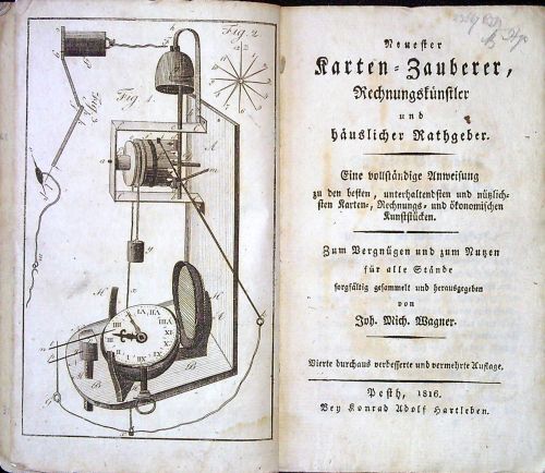 "Neuster Karten=Zauberer, Rechnungskünstler und Häuslicher Rathgeber. Eine vollständige Anweisung zu den besten, unterhaltendsten und nützlichsten Karten=, Rechnungs = und ökonomischen Kunststücken. Zum Vergnügen und zum Nutzen für alle Stände sorfältig gesammelt und herausgegeben von ......