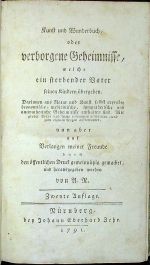 Kunst und Wunderbuch, oder verborgene Geheimnisse, welche ein sterbender Vater seinen Kindern übergeben. Darinnen aus Natur und Kunst selbst erprobte öconomische=medicinische, sympathetische und antipathetische Geheimnisse enthalten sind. Mit grösser Mühe und Fleiß zusammen geschrieben, und zum einigen Nutzen aufbewahrer, nun aber auf Verlangen meiner Freunde durch den öffentlichen Druck gemeinnützig gemachet, und herausgegeben worden von A. R. (II. Theil ?) - A. R.