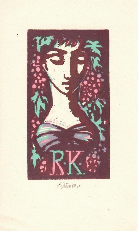 Hlava s vinnými hrozny (viněta na víno pro Rudolfa Klinkovského)