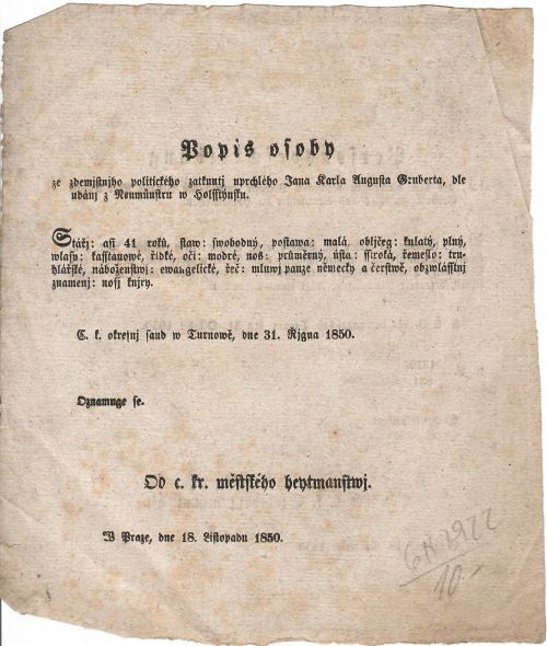 Popis osoby ze zdemjstnjho politického zaknutj uprchlého Jana Karla Augusta Gruberta, dle udánj z Neumünstru w Holsstýnsku.