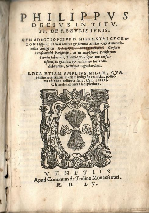 DE REGVLIS IVRIS. CVM ADDITIONIBVS D. HIERONYMI CVCHALON Hispani. Et cum recente et perutili Auctario, et Annotationibus analyticis CAROLI MOLINAEI Censoris Iurisconsulti Parisiensis, ac in amplissimo Parisiorum Senatu Aduocati, Theoriae praxisque Iuris consultissimi, in gratiam et vtilitatem Iuris candidatorum, totiusque Togati ordinis. LOCA ETIAM AMPLIVS MILLE. QUAE partim mutila, partim etiam indigesta erant, hac postrema editione restituta sunt. Cum INDICE multo,  cum antea locupletiore.