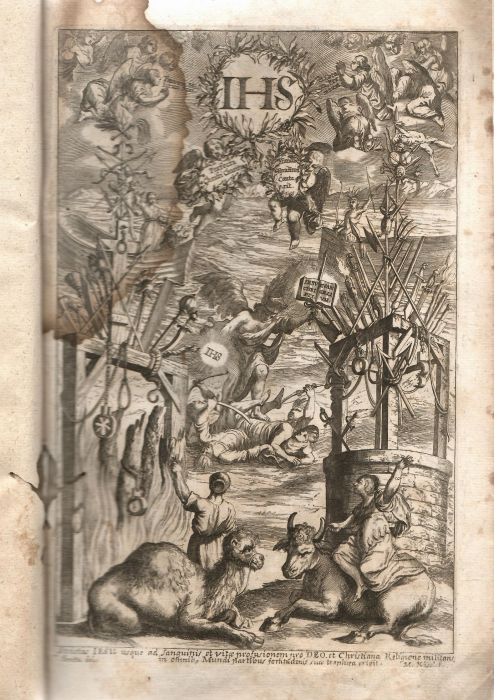 SOCIETAS JESU USQUE AD SANGUINIS ET VITAE PROFUSIONEM MILITANS, IN EUROPA, AFRICA, ASIA, ET AMERICA, CONTRA GENTILES, MAHOMETANOS, JUDAEOS, HAERETICOS, IMPIOS, PRO DEO, FIDE, ECCLESIA, PIETATE. SIVE VITA, ET MORS EORUM, QUI Ex Societate Jesu in causa Fidei, & Virtutis propugnatae, violenta morte toto Orbe sublati sunt.