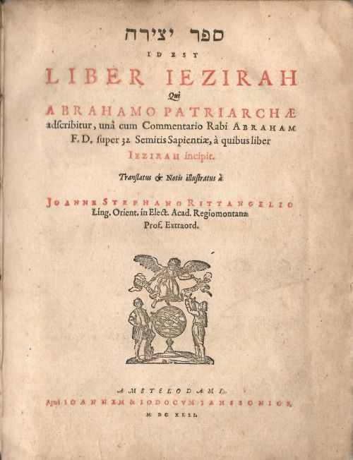 Sefer Yezir (tištěno hebrejsky) id est LIBER IEZIRAH Qui ABRAHAMO PATRIARCHAE adscibitur, una cum Commentario Rabi Abraham F. D. super 32 Semitis Sapientiae, a quibus liber Iezirah incipit. Translatus et Notis illustratus a Joanne Stephano Rittangelio Ling. Orient. in Elect. Acad. Regiomontana Prof. Extraord. 