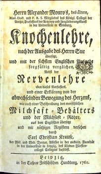Knochenlehre, nach der Ausgabe des Herrn Sue übersetzt, und mit der sechsten Englischen Ausgabe sorgfältig verglichen, Nebst der Nervenlehre eben dieses Verfassers, und einer Erklärung von der  abwechselnden Bewegung des Herzens, wie auch einer Beschreibung des menschlichen Milchsaft=Behälters und der Milchsaft=Röhre, aus dem Englischen übersetzt und mit nöthigen Registern versehen durch Carl Christian Krause.