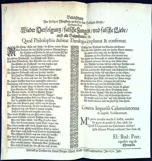 Betrachtung Am Heiligen Pfingstage zu GOtt dem Heiligen Geiste/ Darinnen Trost Wieder Verfolgung/ falsche Zungen/ vnd falsche Liebe/ auch alle Basquillanten/ etc. Quod Philosophia dubitat Theologia explanat & confirmat.