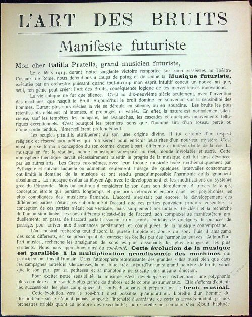 L´ART des BRUITS. Manifeste futuriste.