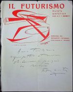 Přání psané černým perem po jedné straně hlavičkového papíru časopisu "Il Futuristo" s reprodukcí kresby G. Balla v záhlaví.  - Marinetti, Filippo Tommaso