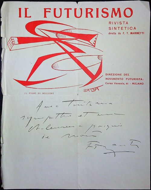 Přání psané černým perem po jedné straně hlavičkového papíru časopisu "Il Futuristo" s reprodukcí kresby G. Balla v záhlaví. 
