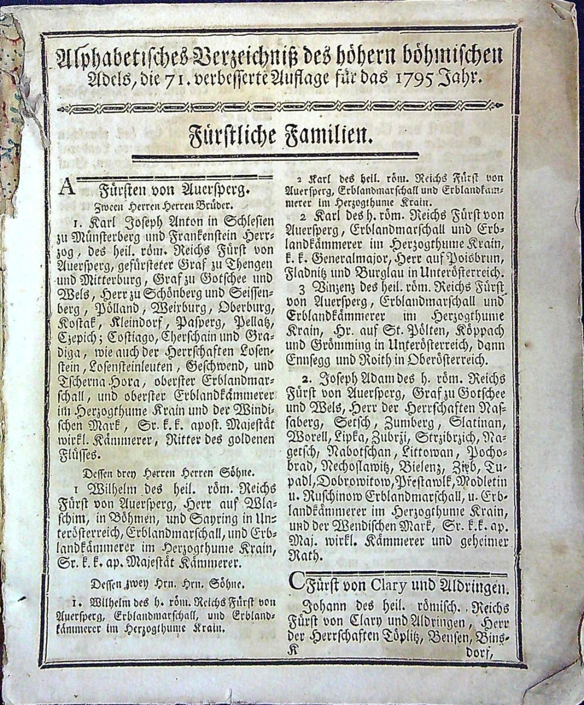 Alphabetisches Verzeichniss des höhern böhmischen Adels, die 71. verbesserte Auflage für das 1795 Jahr.