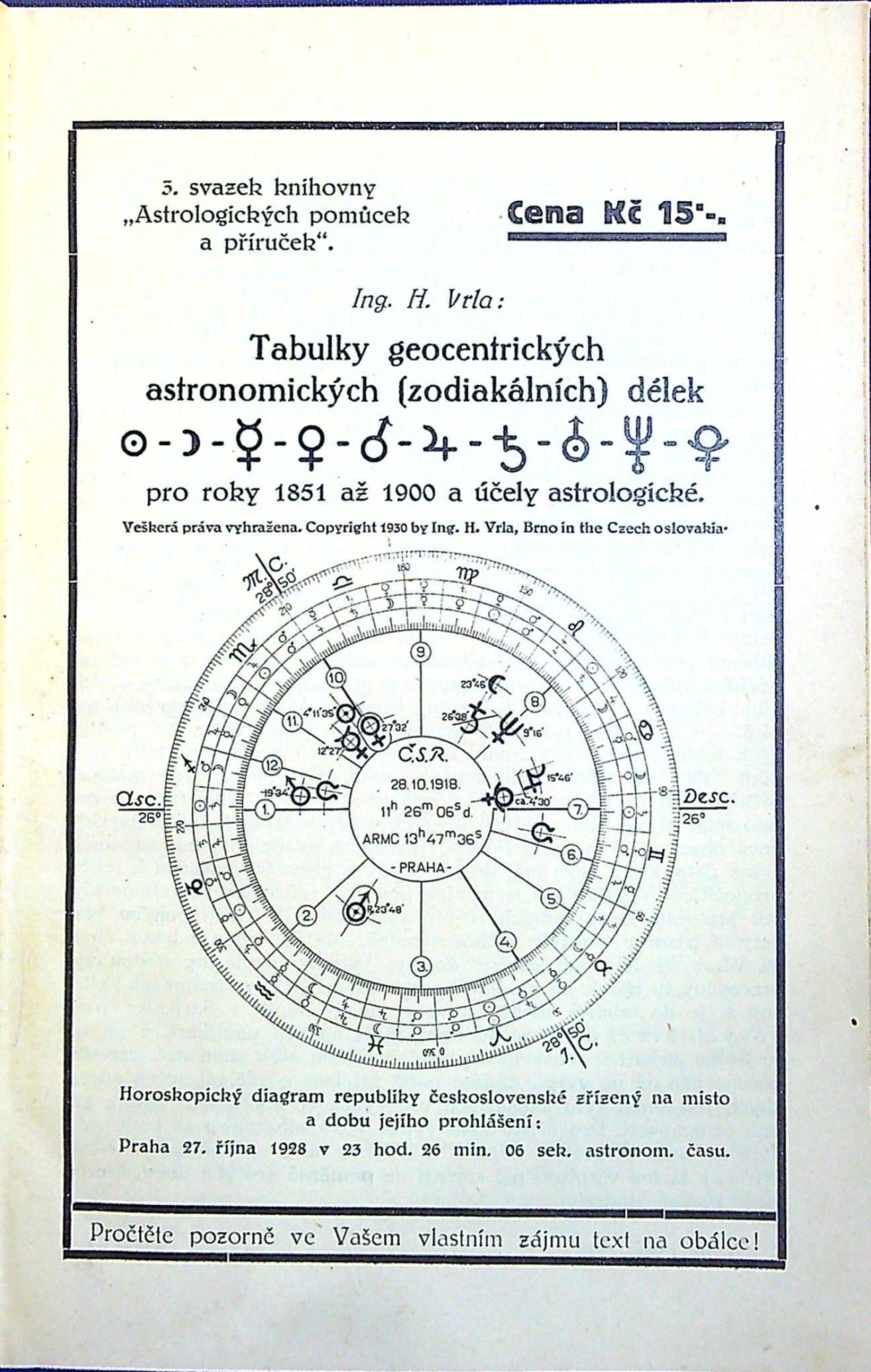 Tabulky geocentrických astronomických (zodiakálních) délek pro roky 1851 až 1900 a účely astrologické.