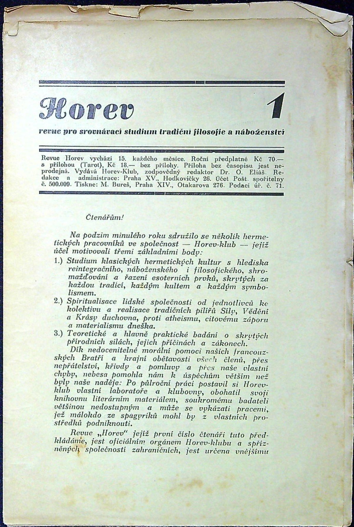 Horev. Revue pro srovnávací studium tradiční filosofie a náboženství. Číslo 1-14 (komplet, více čísel nevyšlo).