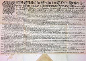 WIR CARL der Sechste von GOttes Gnaden Erwehlter Römischer Kayser/ zu allen Zeiten Mehrer des Reichs/ in Germanien/ Hispanien/ Hungarn/ Böheimb/ auch zu Dalmatien/ Croatien/ und Sclavonien König/ Ertz=Hertzog zu Oesterreich/ Marggraf zu Mähren/ Hertzog zu Lutzemburg/ und in Schlesien/ und Marggraf zu Lausznitz. etc. etc. Entbiethen allen/ und jeden Unsers Erd=Königreichs Böheimb getreuen Inwohneren/ und Unterthanen/ was Würden/ Stands/ Ambts/ oder Weesens dieselbe seynd/ .....