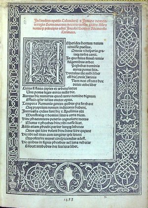 Calendarium. In laudem operis Calendarij a Joanne de monteregio Germanorum decoris nostre etatis Astronomo[rum] principis editi Jacobi Sentini Ricinensis Carmina.