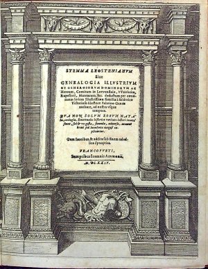 STEMMA LEOSTENIANVM Siue GENEALOGIA ILLVSTRIVM ET GENEROSORVM DOMINORVM AC Heroum, Comitum in Lovvenstein, VVertheim, Rupeforti, Montacuto &c. deductum per continuam seriem Illustrissimae familiae á Friderico Victorioso Electore Palatino Gentis authore, ad nostra vsque tempora. QVA NON SOLVM EORVM NATAles, coniugia, Emortuales historica veritate lectori innotescunt, sed et res gesta, secunda, aduersa, euentus breni sed lucutenta oxogosi explicantur. Cum Iconibus, & addita sub finem tabellica Synoptika.