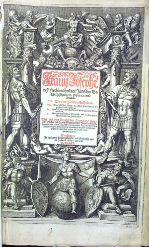 Flauij Josephi, dess Hochberähmbten Jüdischen Geschichtschreibers Historien vnd Bücher. XX. Von alten Jüdischen Geschichten. VII. Vom Jüdischen Krieg/ der Statt Jerusalem vnd dess gantzen Lands zerstörung. II. Von der Juden alten Herkommen wider Apionem Grammaticum. I. Von Meisterschafft der Vernununfft/ vnd der Macchabeer Marter/ auch von Josephi Leben. Alles auss dem Griechischen Exemplar/ sampt aller Bücher vnd Capitel Summarischer Inhalt/ mit höchstem fleiss von newem verteutscht vnd zugerichtet/ darzu mit Biblischen Concordantzen/ Jahrrechnung/ ordenlichem Register/ vnd schönen Figuren/ dessgleichen vorhin im Truck nie aussgangen/ gezieret.