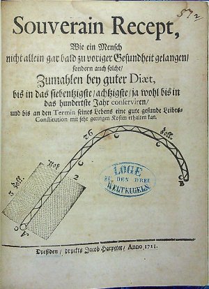Souverain Recept, Wie ein Mensch nicht allein gar bald zu voriger Gesundheit gelangen/ sondern auch solche/ Zumahlen bey guter Diaet, bis in das siebentzigste/ achttzigste/ ja wohl bis in das hundertste Jahr conserviren/ und bis an den Termin seines Lebens eine gute gesunde Leibes=Constitution mit sehr geringen Kosten erhalten kan.